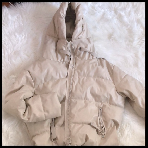 Cream Leather puffer coat with hood. - Picture 3 of 3